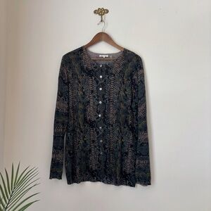 Minnie Rose Green Snake Print Cardigan Sweater XL Quiet Luxury
